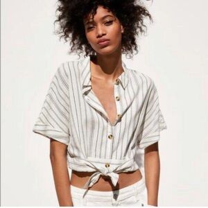 Zara Striped Tie-Front Short Sleeve Top in White
